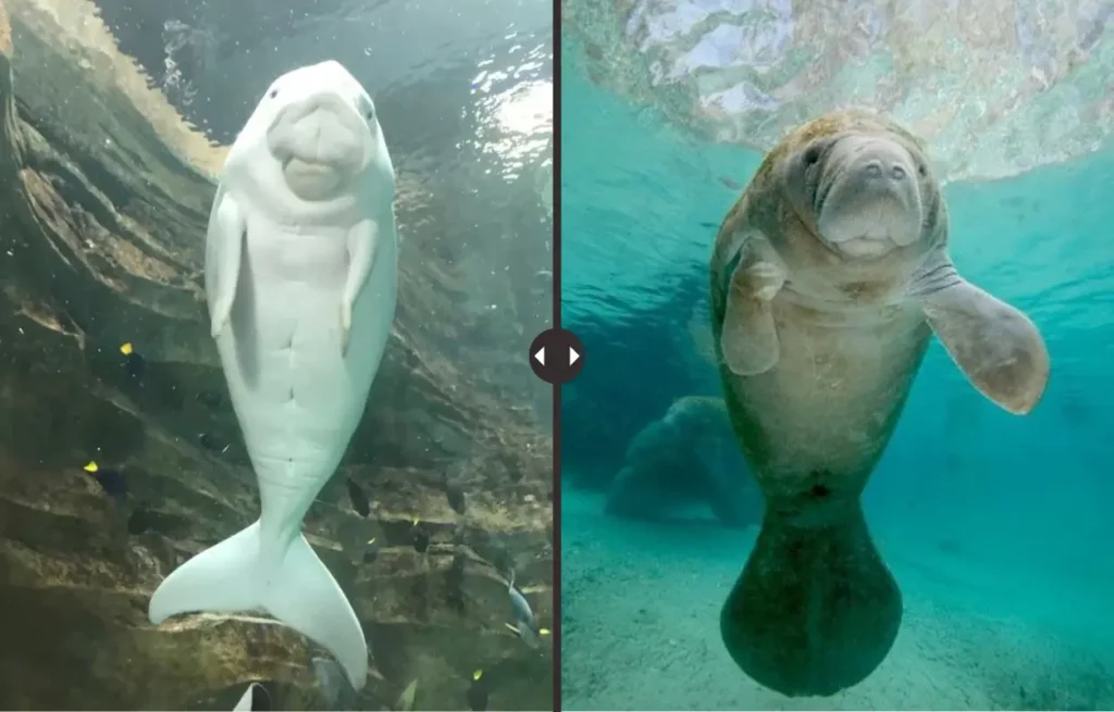 Imagen que muestra una comparativa entre un manatí y un dugongo, ambos debajo del agua