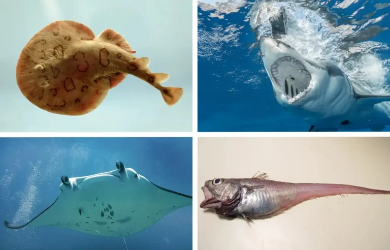 Imágen que muestra una compilación a cuadros de 4 especies de peces cartílaginosos