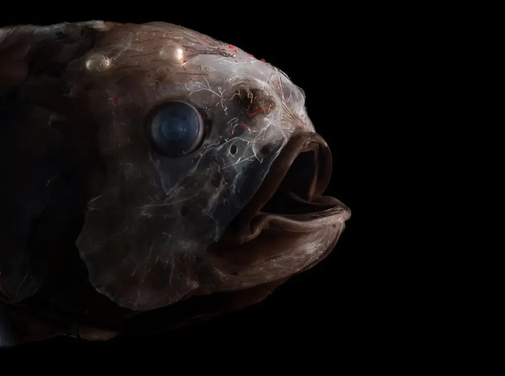 Imagen que muestra la cabeza de un pez yelmo de nariz cuadrada en la oscuridad del océano